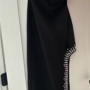 Cinq à Sept Black Sheath Midi Dress with One Shoulder Silver Embellishments